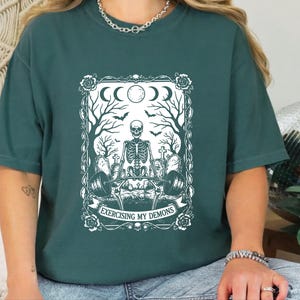 Comfort Colors Skeleton Workout Tee, Exercising My Demons Gothic Gym Shirt, Funny Fitness Weightlifting Humor, Spooky Cemetery Dark Art image 2
