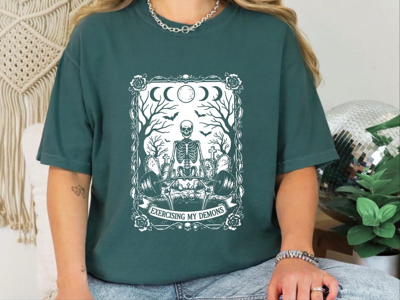 Comfort Colors Skeleton Workout Tee, Exercising My Demons Gothic Gym Shirt, Funny Fitness Weightlifting Humor, Spooky Cemetery Dark Art image 2