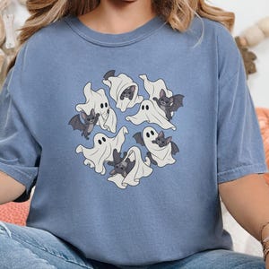 Ghost Shirt, Halloween T-Shirt, Spooky Season Tee, Cute Ghost Playing With Bat image 4