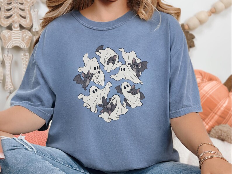 Ghost Shirt, Halloween T-Shirt, Spooky Season Tee, Cute Ghost Playing With Bat image 4