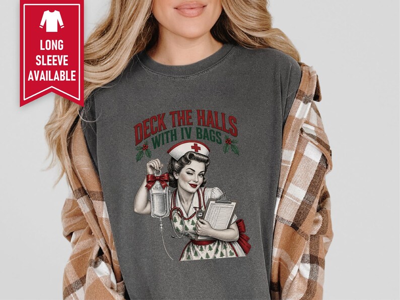 Christmas Nurse Shirt, Funny Healthcare Gift, Retro Nurse Christmas Top, Deck The Halls With IV Bags, ICU Nurse Holiday Sweatshirt image 4
