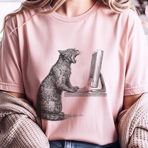 Angry Cat T-Shirt, Cat Vs Computer Tee, Vintage Engraving Art, Retro Computer Art image 8