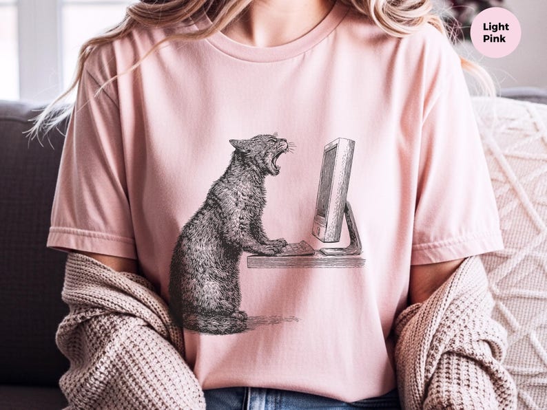 Angry Cat T-Shirt, Cat Vs Computer Tee, Vintage Engraving Art, Retro Computer Art image 8
