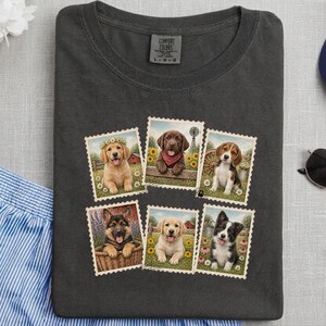 Country Dog Postage Stamp Shirt, Vintage Farm Dog Lover Gift, Cute Puppy Collage Tee, Rustic Animal Art Shirt image 6