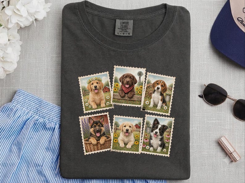 Country Dog Postage Stamp Shirt, Vintage Farm Dog Lover Gift, Cute Puppy Collage Tee, Rustic Animal Art Shirt image 6