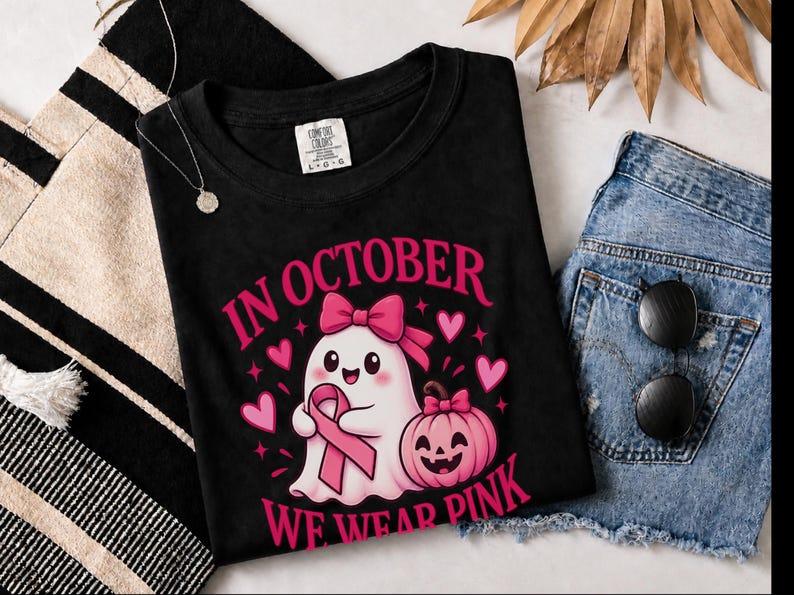In oktober dragen we een roze spookshirt, een cadeau ter bevordering van bewustzijn over borstkanker, een roze Halloween-shirt met lint, een top voor kankeroverlevenden, een shirt voor het griezelige seizoen. afbeelding 10