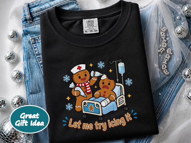Gingerbread Nurse Shirt, Funny Christmas Nurse Gift, Festive Nurse Sweatshirt, Let Me Try Icing It Tee, Holiday Medical Staff Present image 7