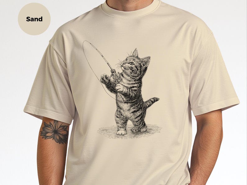 Parody Cat Shirt, Kitten Fishing Vintage Engraving, Retro Funny Cat Tee, Antique Line Art, Old World Graphic Novelty Humor, Fishermans Gift image 1