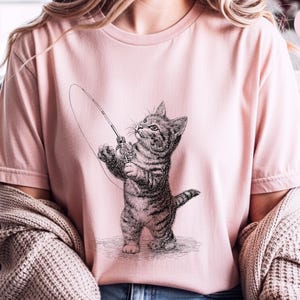 Parody Cat Shirt, Kitten Fishing Vintage Engraving, Retro Funny Cat Tee, Antique Line Art, Old World Graphic Novelty Humor, Fishermans Gift image 2