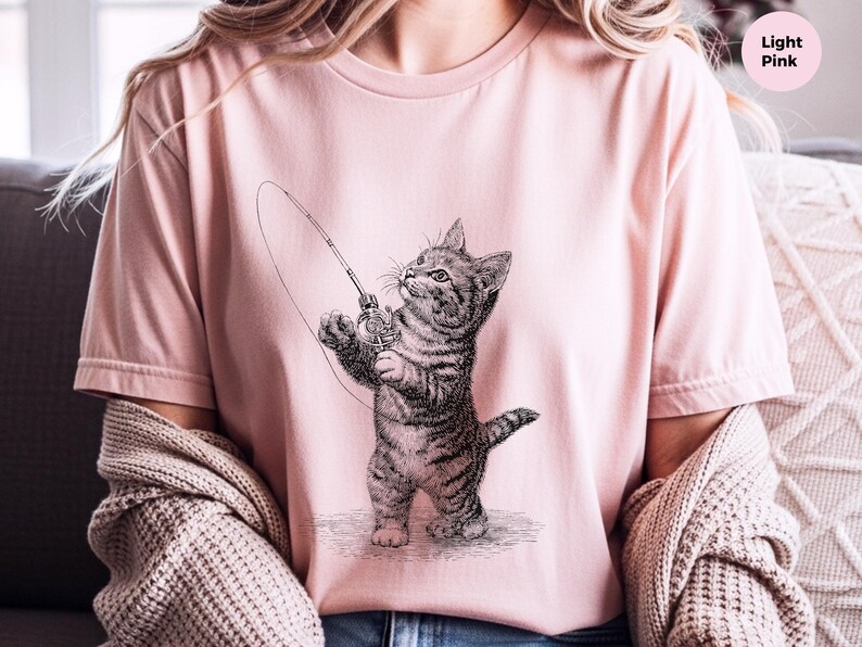 Parody Cat Shirt, Kitten Fishing Vintage Engraving, Retro Funny Cat Tee, Antique Line Art, Old World Graphic Novelty Humor, Fishermans Gift image 2