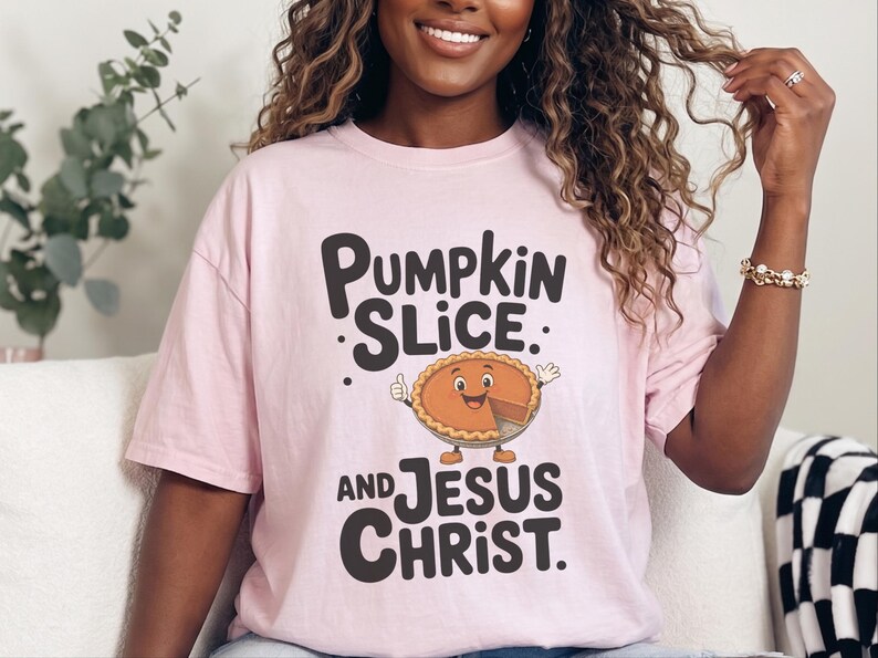 Comfort Colors Fall Christian Shirt, Pumpkin Slice And Jesus Christ Tee, Thanksgiving Faith Sunday Outfit, Inspirational Autumn image 11