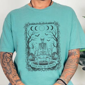 Comfort Colors Skeleton Workout Tee, Exercising My Demons Gothic Gym Shirt, Funny Fitness Weightlifting Humor, Spooky Cemetery Dark Art image 3