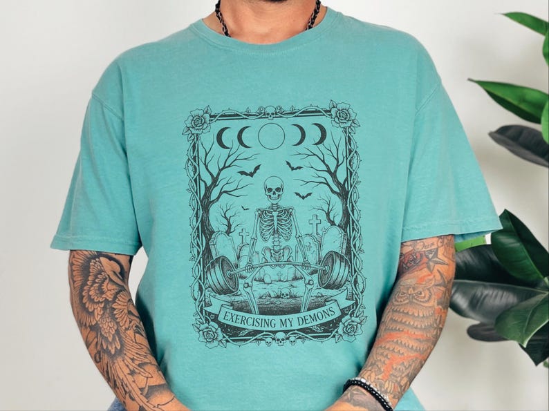 Comfort Colors Skeleton Workout Tee, Exercising My Demons Gothic Gym Shirt, Funny Fitness Weightlifting Humor, Spooky Cemetery Dark Art image 3