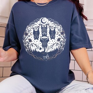 Comfort Colors Night Animals Halloween Racoon Bats Floral Night Scene Shirt, Vintage Spooky Moon Phases Tee, Goth Cottagecore Witchy Fall image 3