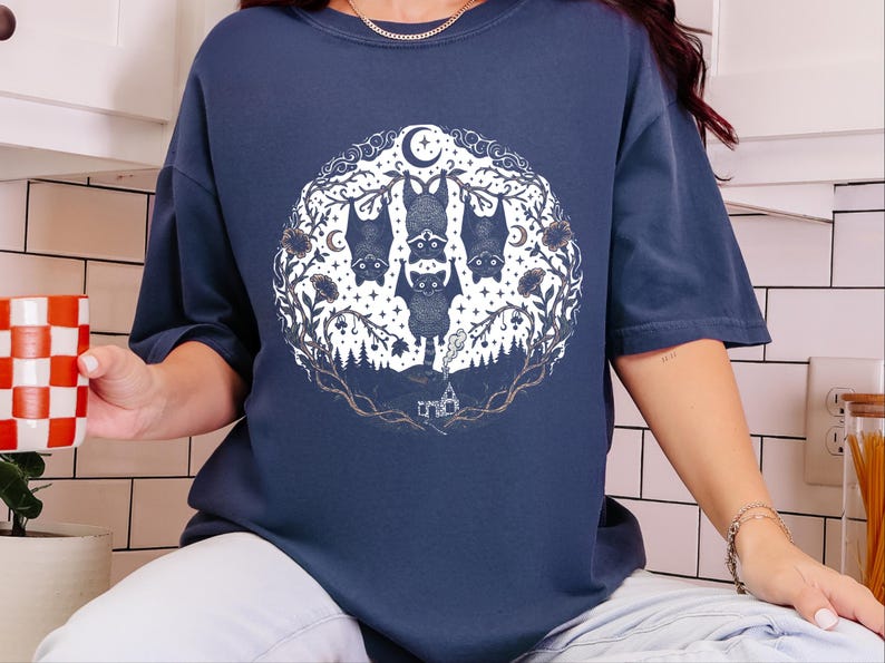 Comfort Colors Night Animals Halloween Racoon Bats Floral Night Scene Shirt, Vintage Spooky Moon Phases Tee, Goth Cottagecore Witchy Fall image 3