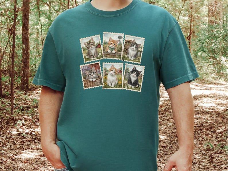 Camiseta vintage de gato, camiseta con sello postal, regalo para amantes de los gatitos de granja, camiseta para amantes de los animales, regalo retro para amantes de los gatos de campo imagen 9