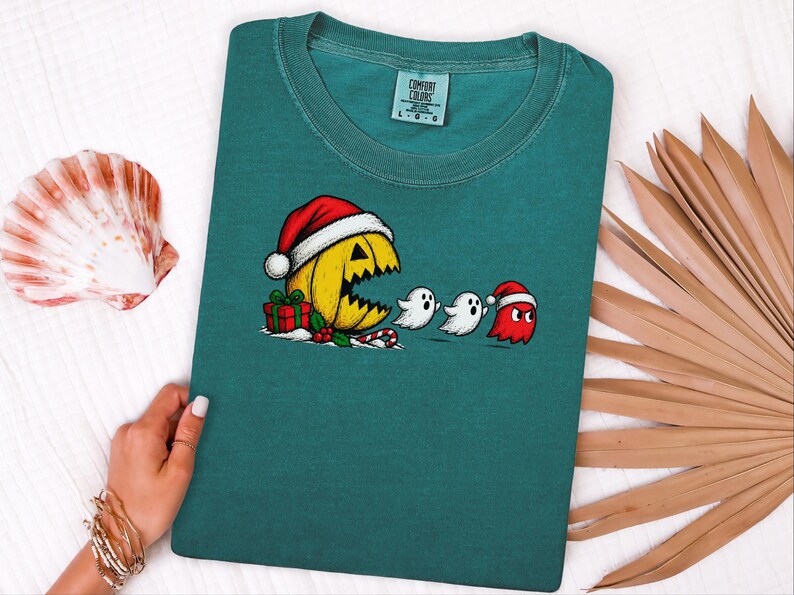 Camiseta Pac-Man, Presente de Natal para Gamers, Camiseta Retrô de Arcade, Camiseta de Jogos para as Festas, Camiseta Divertida para Gamers, Presente de Natal Pac-Man imagem 6