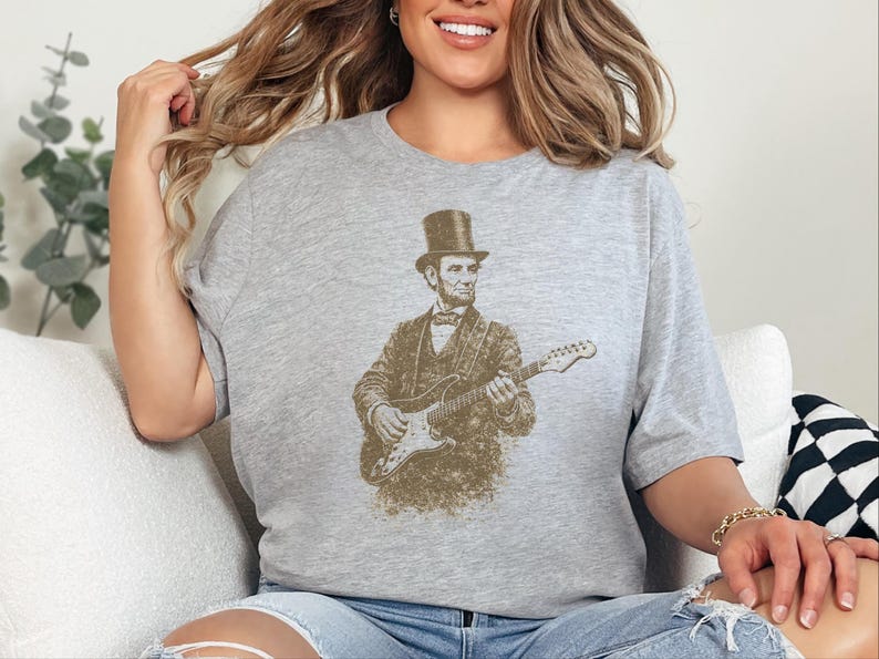 Funny History Shirt, Abe Lincoln Rockin' Guitar Vintage Tee, History Teacher Gift, Musician Rock and Roll Present, Classic Rock Art image 4