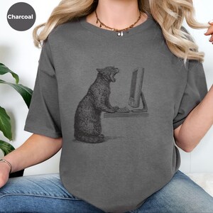 Angry Cat T-Shirt, Cat Vs Computer Tee, Vintage Engraving Art, Retro Computer Art image 4