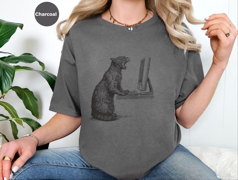 Angry Cat T-Shirt, Cat Vs Computer Tee, Vintage Engraving Art, Retro Computer Art image 4