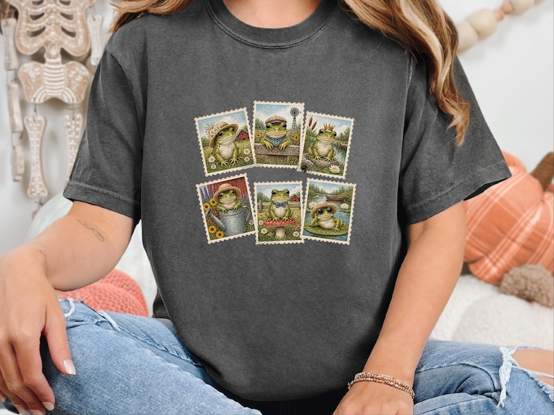 Vintage Frog Shirt, Frog Lover Gift, Postage Stamp Tee, Cottagecore Frog Tee, Animal Lover Gift image 4