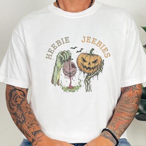 Comfort Colors Watercolor Zombie Heebie Jeebies Shirt, Modern Horror Movie Tee, Retro Goth Halloween Graphic, Spooky Pumpkin Skull Vintage image 9