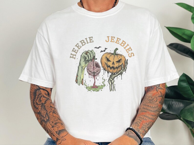 Comfort Colors Watercolor Zombie Heebie Jeebies Shirt, Modern Horror Movie Tee, Retro Goth Halloween Graphic, Spooky Pumpkin Skull Vintage image 9