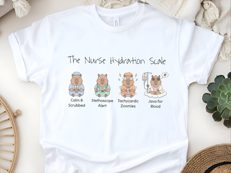 Camiseta con meme de enfermera, Escala de hidratación de enfermera, Camiseta divertida y sarcástica para enfermeras registradas, Regalo para amantes del café con colores cómodos y problemas de turno de día con la cafeína imagen 2