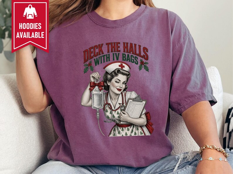 Christmas Nurse Shirt, Funny Healthcare Gift, Retro Nurse Christmas Top, Deck The Halls With IV Bags, ICU Nurse Holiday Sweatshirt image 5