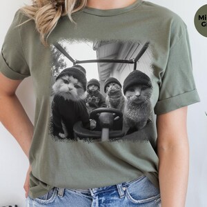 Gangster Cat Shirt | Cat Thugs In Car Lowrider Tee | Edgy Urban Graphic, Funny Meme Feline, Chicano Car Culture Style, Gangster Cat Tee image 4