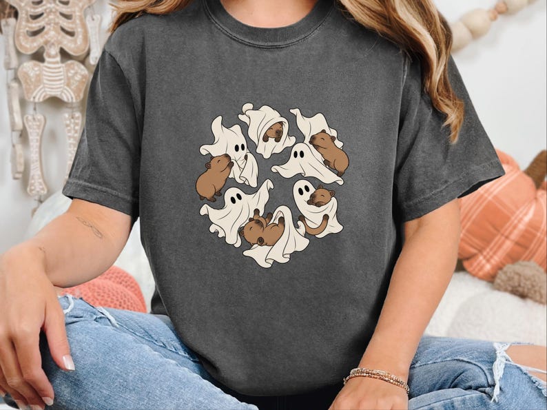 Cute Capybara Shirt, Ghost Playing With Capybara Gift, Spooky Ghost Tee, Rodent Lover Fall Shirt, Halloween Animal Graphic Tee image 7