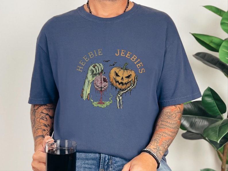 Comfort Colors Watercolor Zombie Heebie Jeebies Shirt, Modern Horror Movie Tee, Retro Goth Halloween Graphic, Spooky Pumpkin Skull Vintage image 1