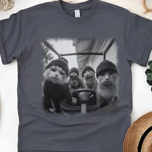Gangster Cat Shirt | Cat Thugs In Car Lowrider Tee | Edgy Urban Graphic, Funny Meme Feline, Chicano Car Culture Style, Gangster Cat Tee image 3