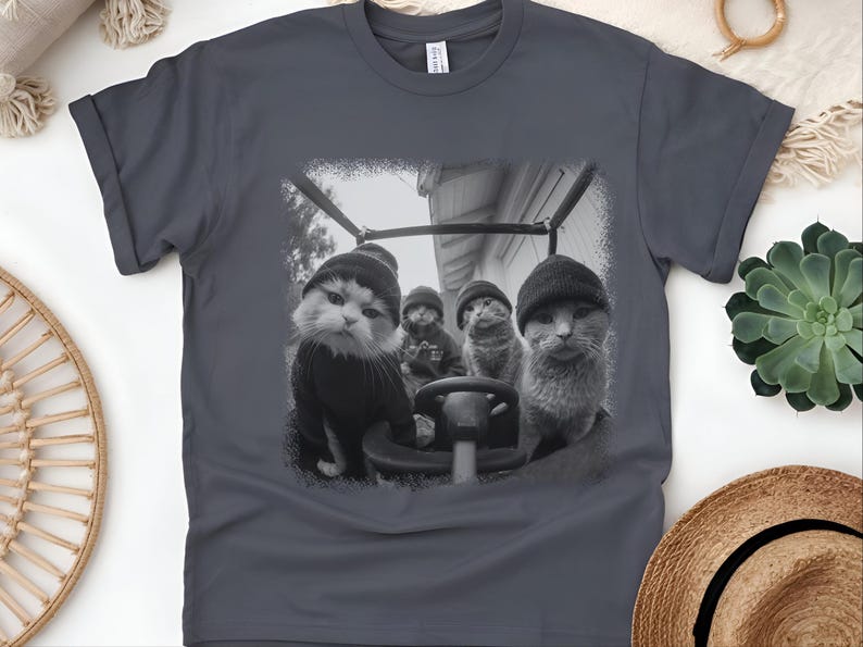 Gangster Cat Shirt | Cat Thugs In Car Lowrider Tee | Edgy Urban Graphic, Funny Meme Feline, Chicano Car Culture Style, Gangster Cat Tee image 3