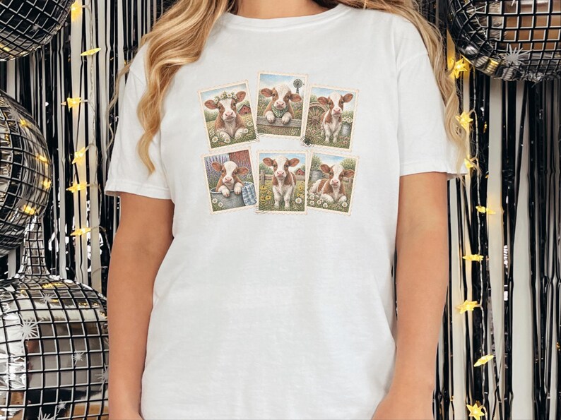 Camiseta vintage con estampado de vaca y sello postal, camiseta adorable de vaca bebé, regalo para amantes de los animales de granja, camiseta de estilo rústico campestre. imagen 4