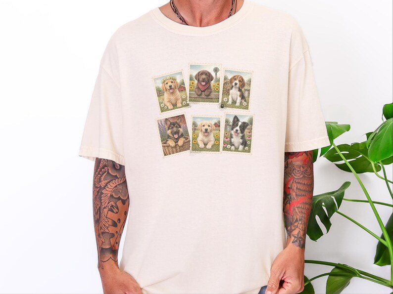 Country Dog Postage Stamp Shirt, Vintage Farm Dog Lover Gift, Cute Puppy Collage Tee, Rustic Animal Art Shirt image 4