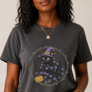 Comfort Colors Gothic Black Cat Print Shirt, Black Cat Witch Hat Tee, Spooky Fantasy Whimsical Halloween Art, Dark Feminine Whimsi Goth image 13