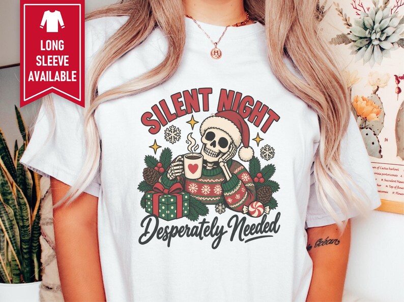 Funny Christmas Sweatshirt, Skeleton Santa Shirt, Sarcastic Holiday Gift, Silent Night Desperately Needed, Tired Mom Shirt, Creepmas Tee imagen 4