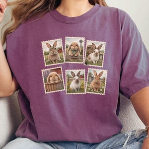 Vintage Bunny Shirt, Cottagecore Rabbit Tee, Postage Stamp Art Gift, Farmhouse Animal Lover Top, Retro Spring Nature Apparel image 1