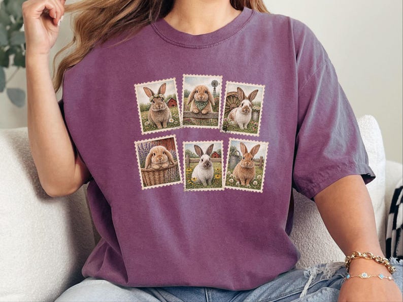 Vintage Bunny Shirt, Cottagecore Rabbit Tee, Postage Stamp Art Gift, Farmhouse Animal Lover Top, Retro Spring Nature Apparel image 1