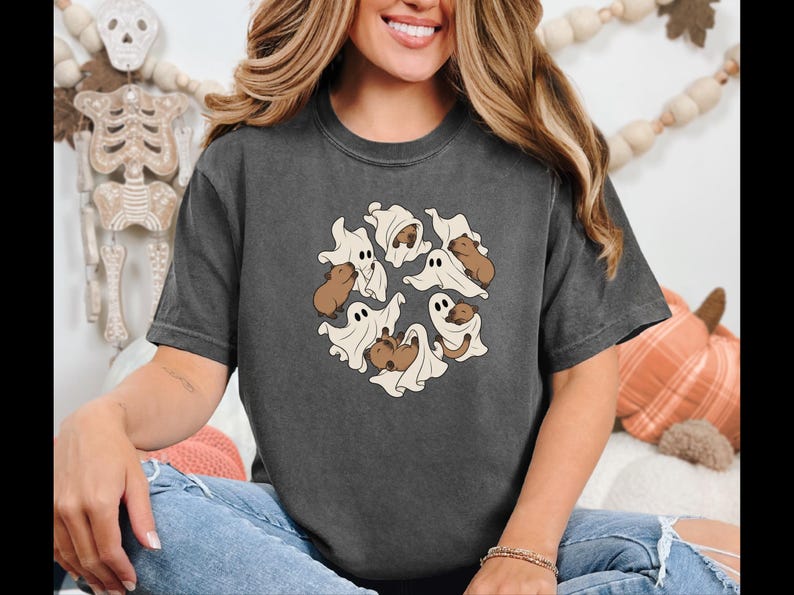 Cute Capybara Shirt, Ghost Playing With Capybara Gift, Spooky Ghost Tee, Rodent Lover Fall Shirt, Halloween Animal Graphic Tee image 10
