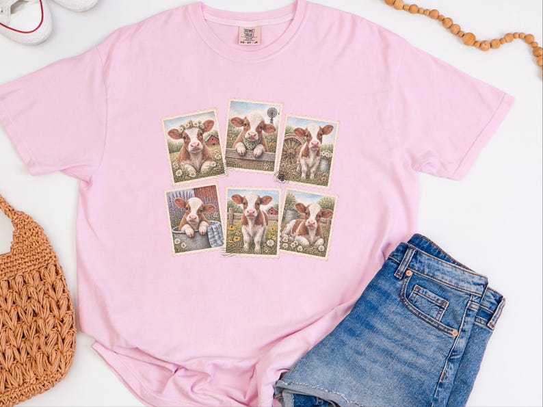 Camiseta vintage con estampado de vaca y sello postal, camiseta adorable de vaca bebé, regalo para amantes de los animales de granja, camiseta de estilo rústico campestre. imagen 5