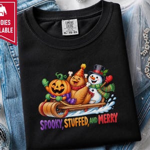 Hallothanksmas Shirt, Funny Holiday Mashup Sweatshirt, Spooky Stuffed And Merry Tee, Holiday Gift image 4