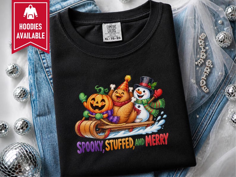 Hallothanksmas Shirt, Funny Holiday Mashup Sweatshirt, Spooky Stuffed And Merry Tee, Holiday Gift image 4