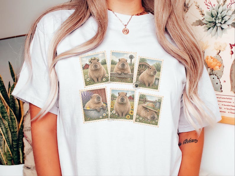 Capybara Shirt, Vintage Postage Stamps Tee, Cute Animal Lover Gift, Farm Animal T Shirt, Retro Nature Graphic Tee image 1