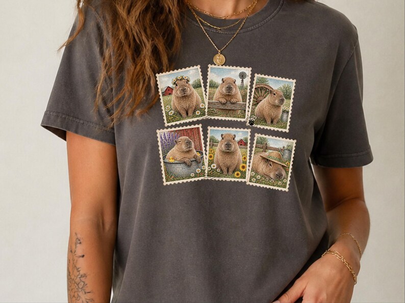 Capybara Shirt, Vintage Postage Stamps Tee, Cute Animal Lover Gift, Farm Animal T Shirt, Retro Nature Graphic Tee image 10