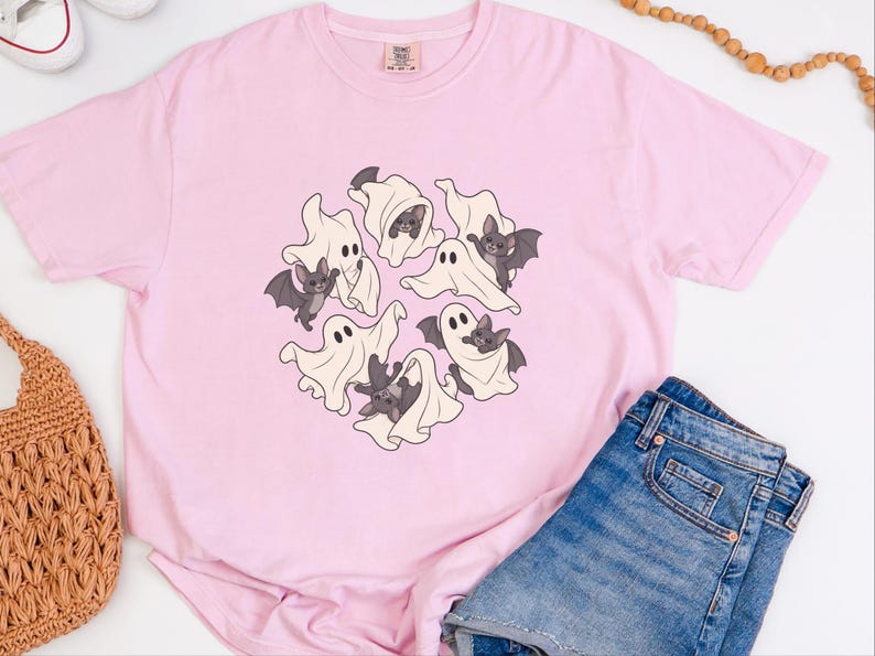 Ghost Shirt, Halloween T-Shirt, Spooky Season Tee, Cute Ghost Playing With Bat image 7