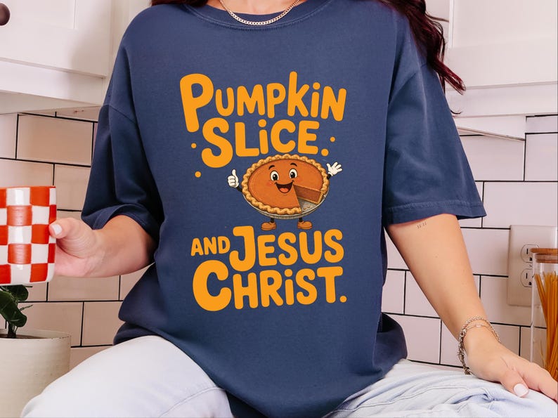 Comfort Colors Fall Christian Shirt, Pumpkin Slice And Jesus Christ Tee, Thanksgiving Faith Sunday Outfit, Inspirational Autumn image 15