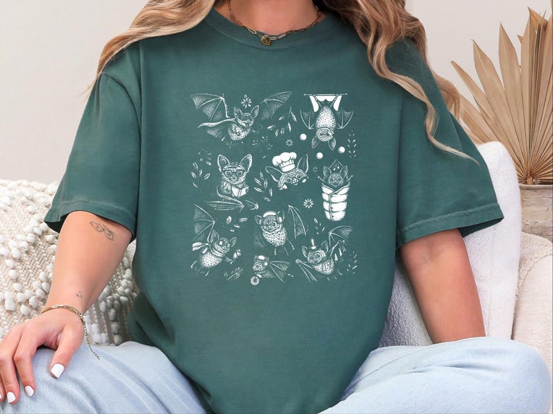 Comfort Colors Cute Bat Art, Cute Bat Illustration Fun Activities Shirt, Whimsical Bat Lover Gift, Funny Halloween Nature Tee, Halloween Bat image 2