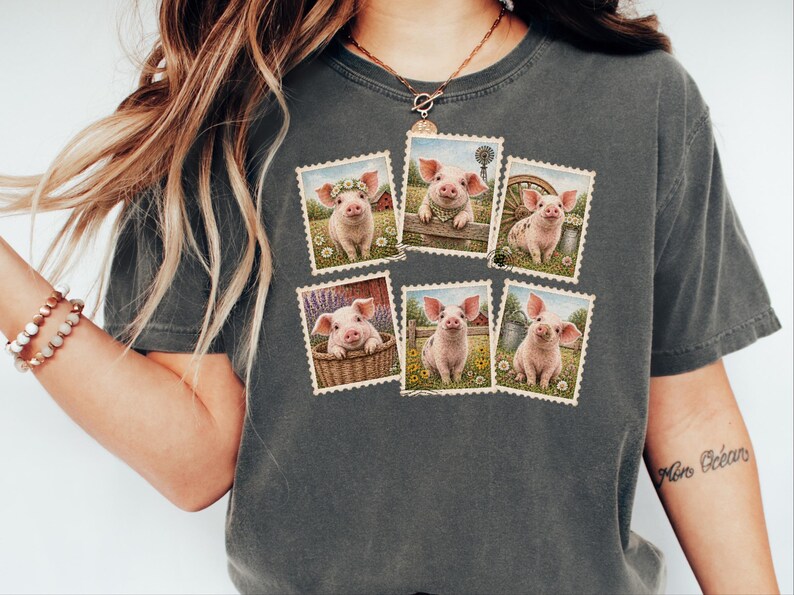 Cute Pig Shirt, Farm Animal Gift, Vintage Postal Stamp Tee, Pig Lover Shirt, Country Life Top image 1